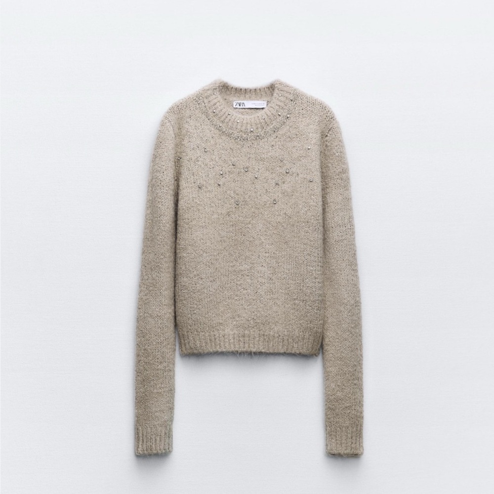 Zara Tan Sweater with beaded Details